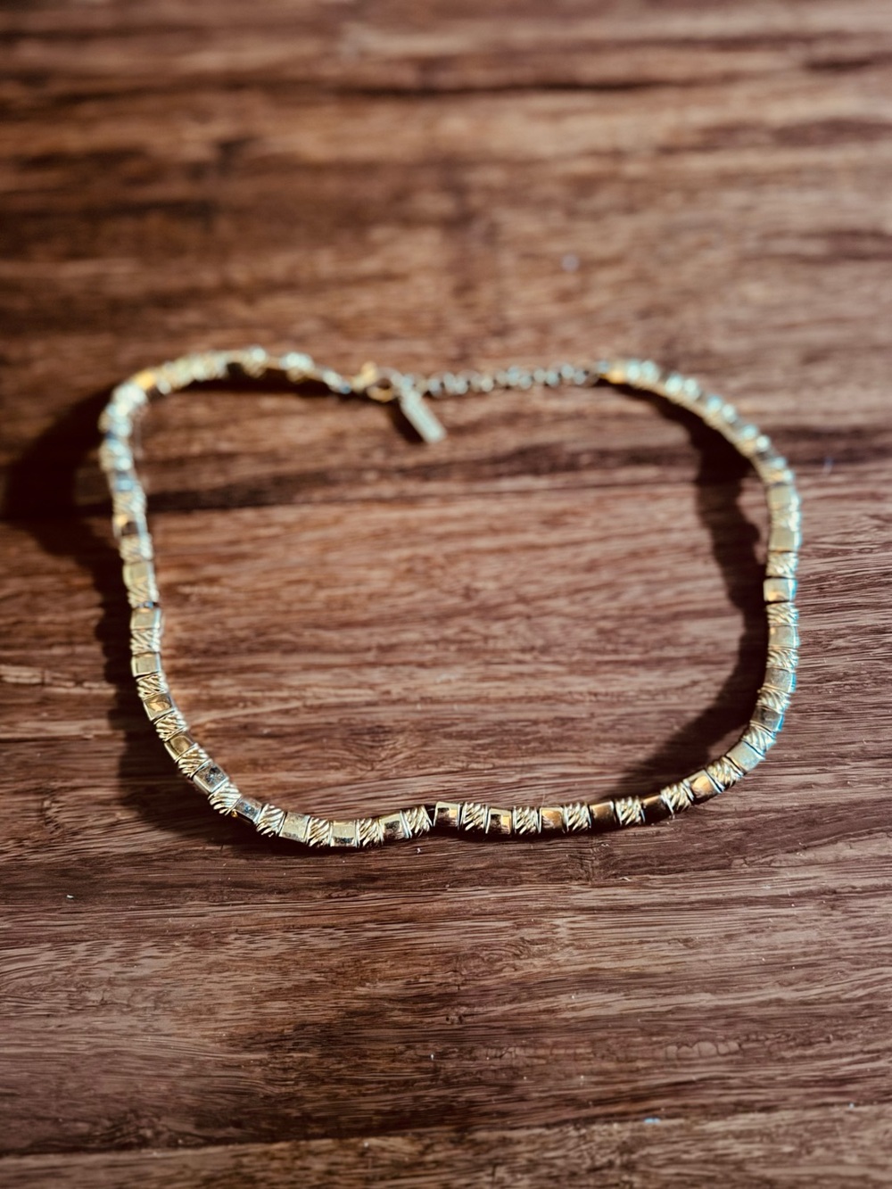 Napier Vintage Art Deco Gold Textured Square Bead Chain Choker Necklace Signed